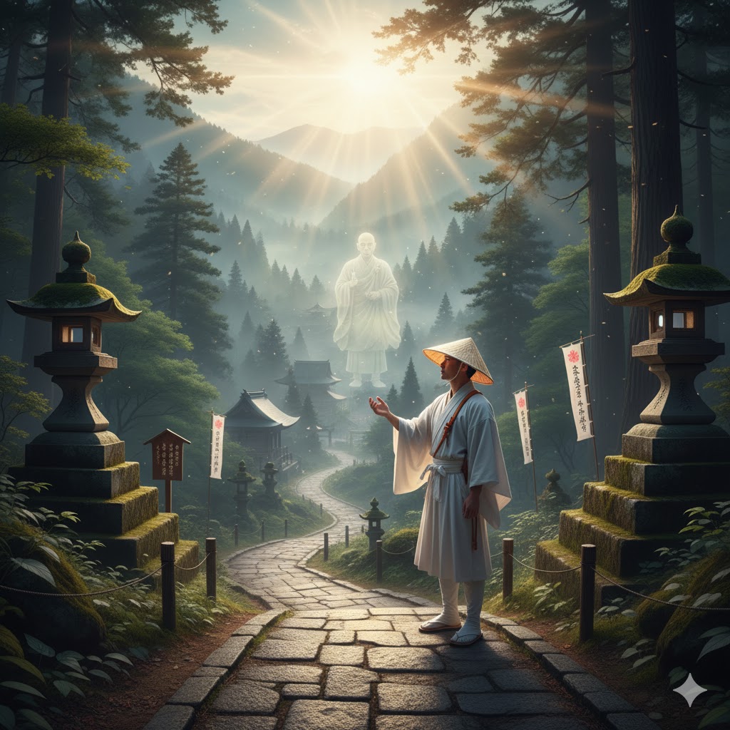 お遍路はスピリチュアルな旅。神聖な森の石畳を歩き、自己と向き合う巡礼者の後ろ姿を捉えた一枚。