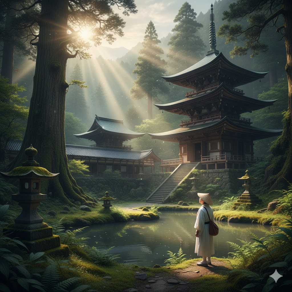 四国が「霊場」と呼ばれる理由。深い森の中に佇む歴史ある寺院と、その前を歩くお遍路さんの姿が神聖な雰囲気を醸し出している。