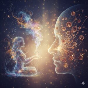 霊感を象徴する光る女性と、嗅覚を象徴する脳のニューロンが描かれた顔が向き合う。不思議な匂いがスピリチュアルか医学的かを探るイメージ。