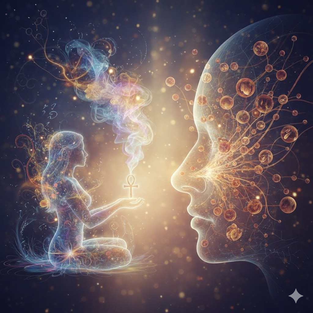 霊感を象徴する光る女性と、嗅覚を象徴する脳のニューロンが描かれた顔が向き合う。不思議な匂いがスピリチュアルか医学的かを探るイメージ。