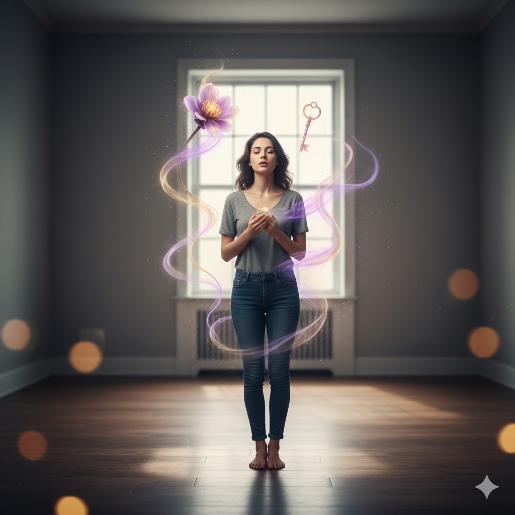 何もない部屋で不思議な匂いを感じ、戸惑う表情を浮かべる女性。霊感や幻臭など、原因不明の嗅覚体験を象徴するイメージ。