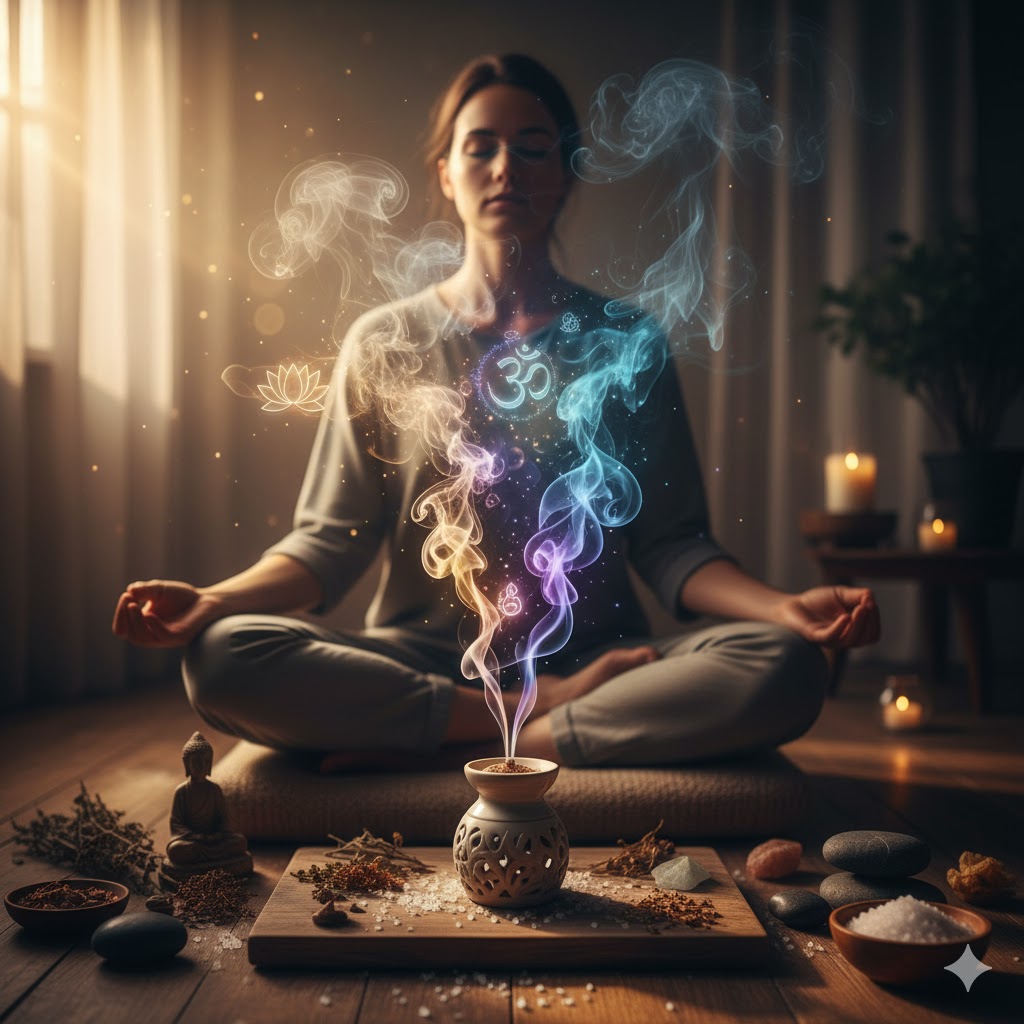 お香の煙がスピリチュアルな光の粒子となって広がる。お香の匂いと煙が持つ、空間の浄化や高次の存在との繋がり、開運を象徴する画像。