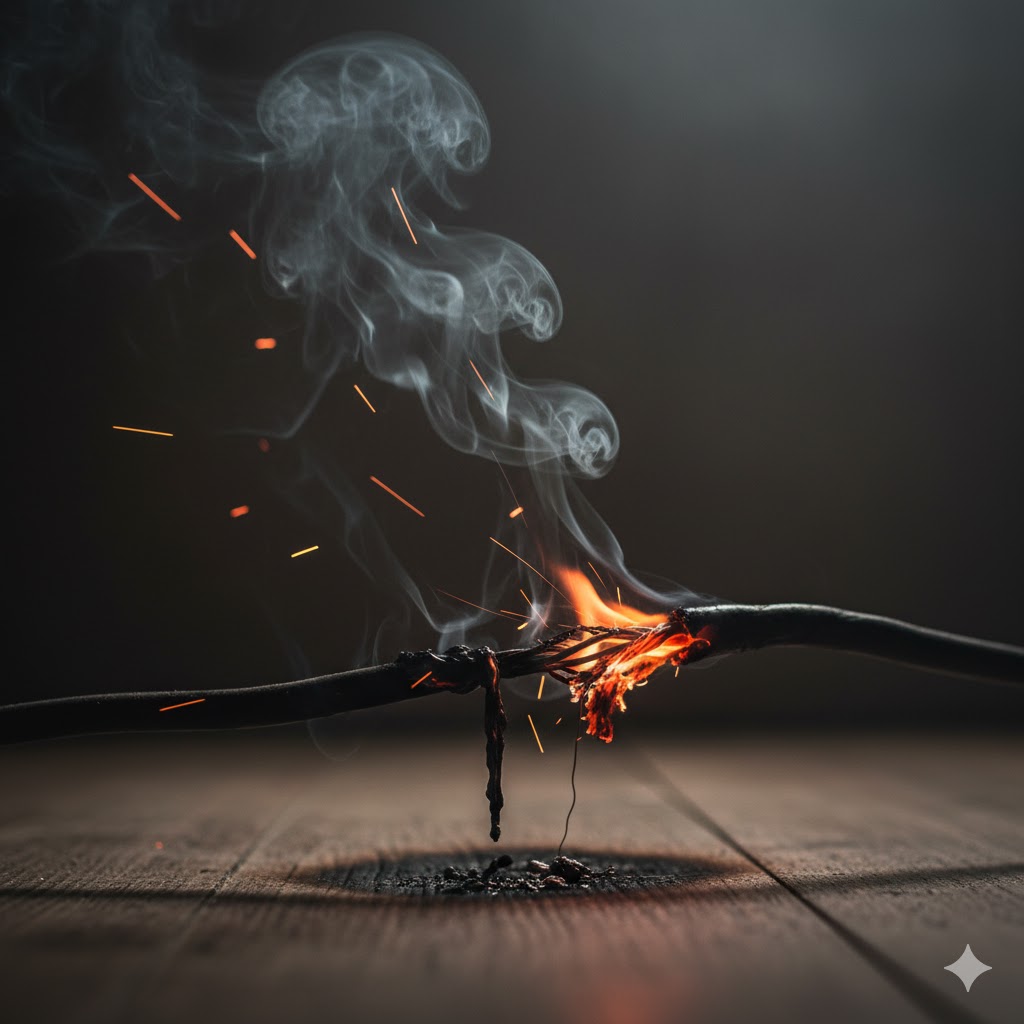 原因不明の焦げ臭い匂い。スピリチュアルな危険の予兆か、幻臭という医学的なサインか。不安や警告を象徴するイメージ。