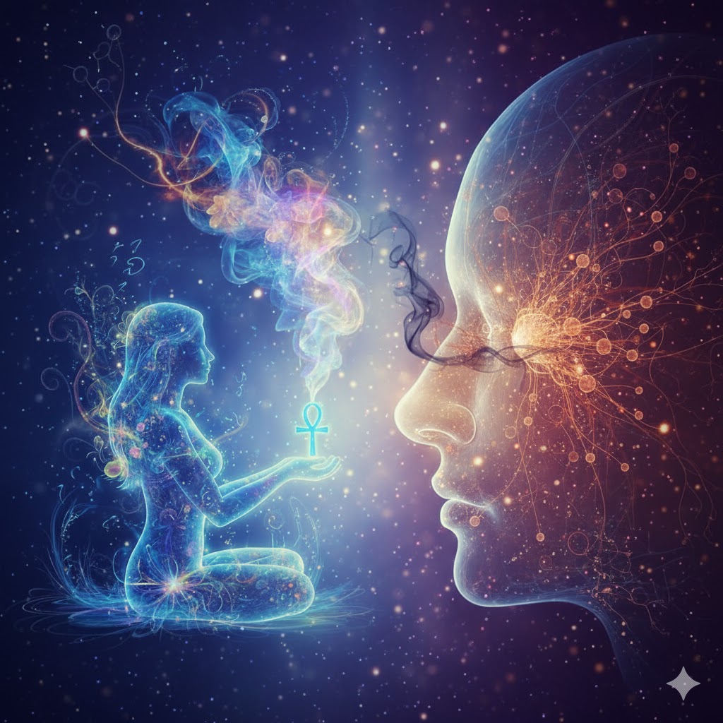 スピリチュアルな匂いと幻臭の関係性。紫の光を放つ霊的な存在と、匂いを感知する脳（嗅覚）のイメージ。