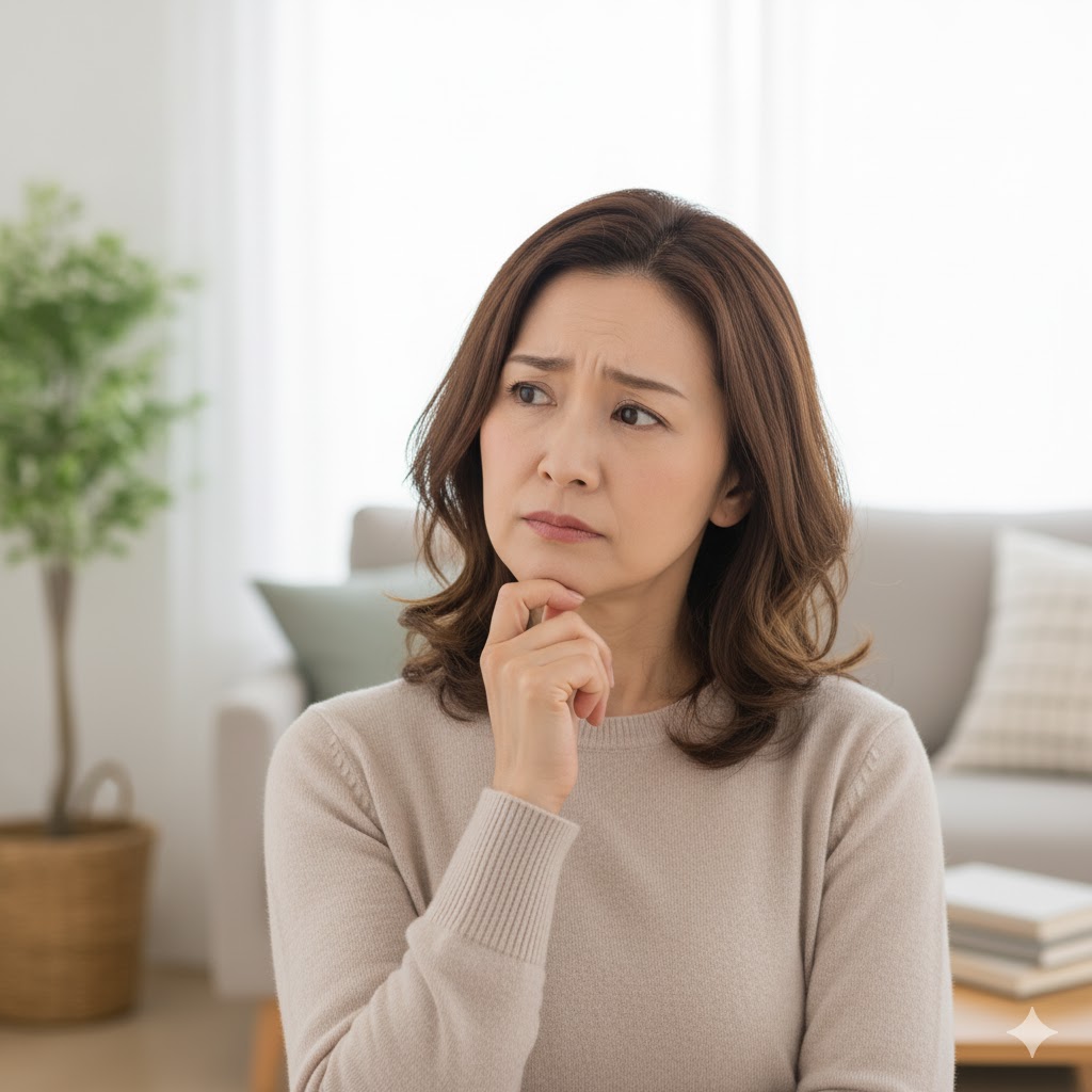 更年期と幻臭の関係。原因不明の焦げ臭い匂いや金属臭を感じ、戸惑いながら首をかしげる50代女性。