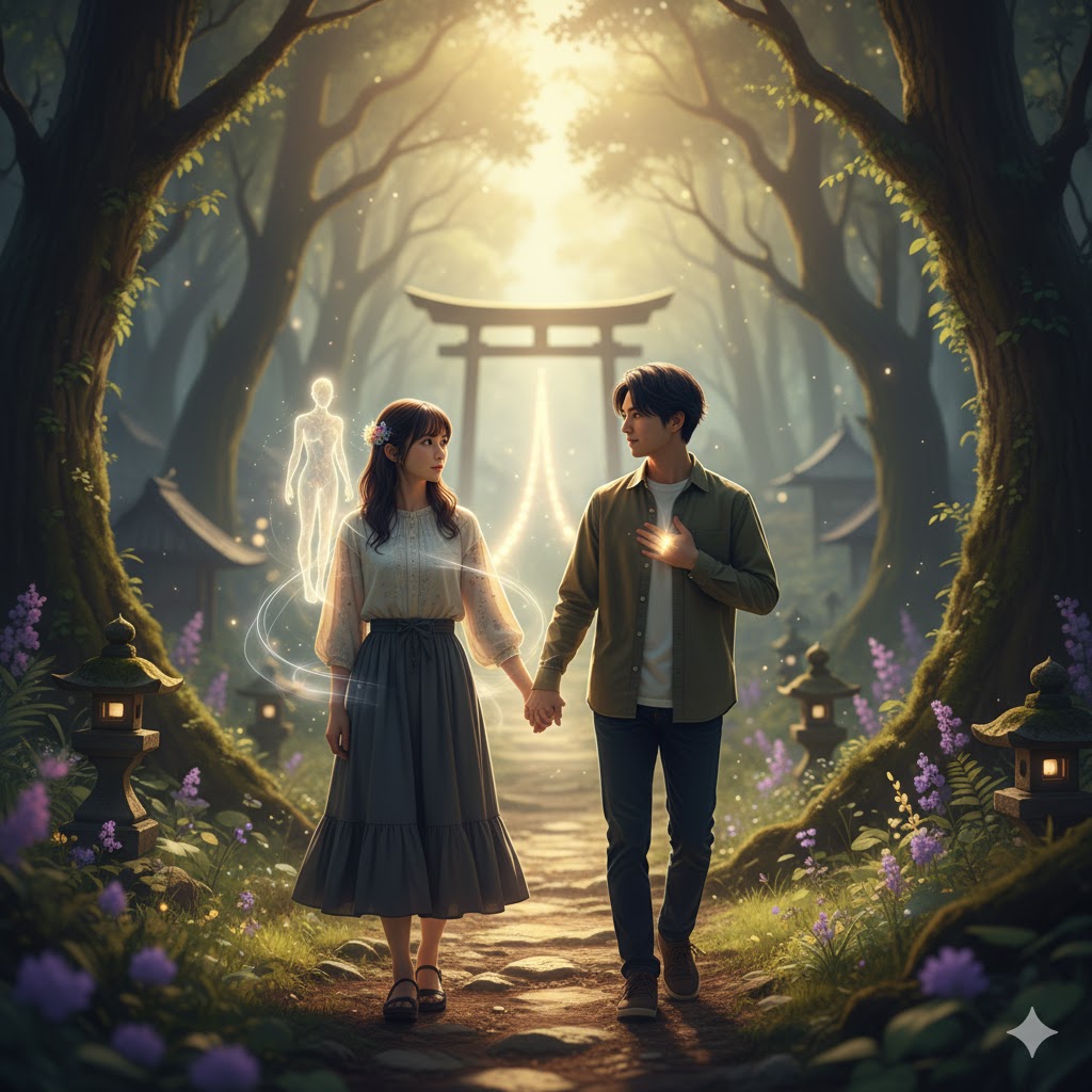 神秘的な森の参道を、手を取り合って歩くカップル。女性の隣には光る人影が寄り添い、霊感を持つ二人特有の絆と結婚生活の始まりを象徴しています。