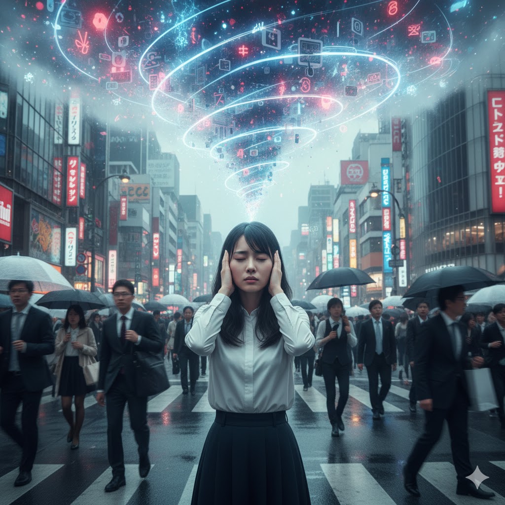 賑やかな都会の人混みで、女性が頭を抱え、情報やエネルギーの渦に巻き込まれている様子。霊感を持つ人が人混みで疲れやすい状況を象徴しています。