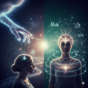 「霊感と第六感の違い」を視覚的に対比したイラスト。左側は外部の超越的な存在から受信する「霊感」、右側は脳や潜在意識で情報を察知する「第六感」のイメージ。