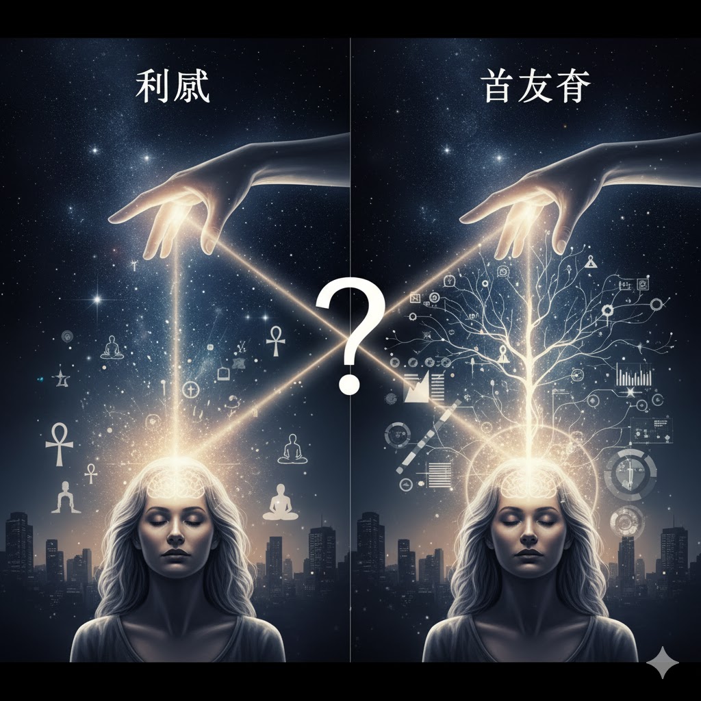 「霊感と第六感は同じもの？」という疑問をテーマにしたイラスト。外部からのスピリチュアルな受信と、内部の感覚的な察知を左右で対比して表現。