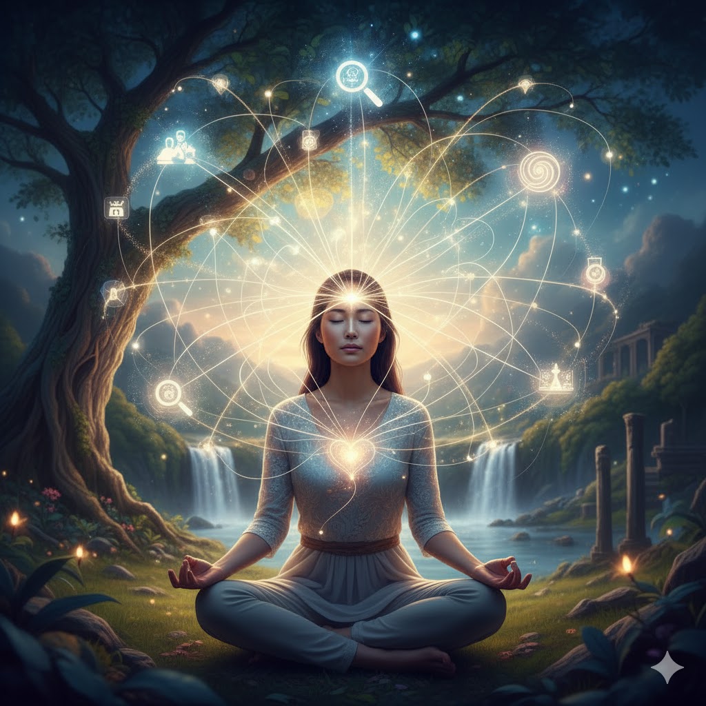 「第六感の意味」をイメージしたイラスト。女性の脳が潜在意識や外部の微細な情報を処理し、直感を得る様子を視覚化。