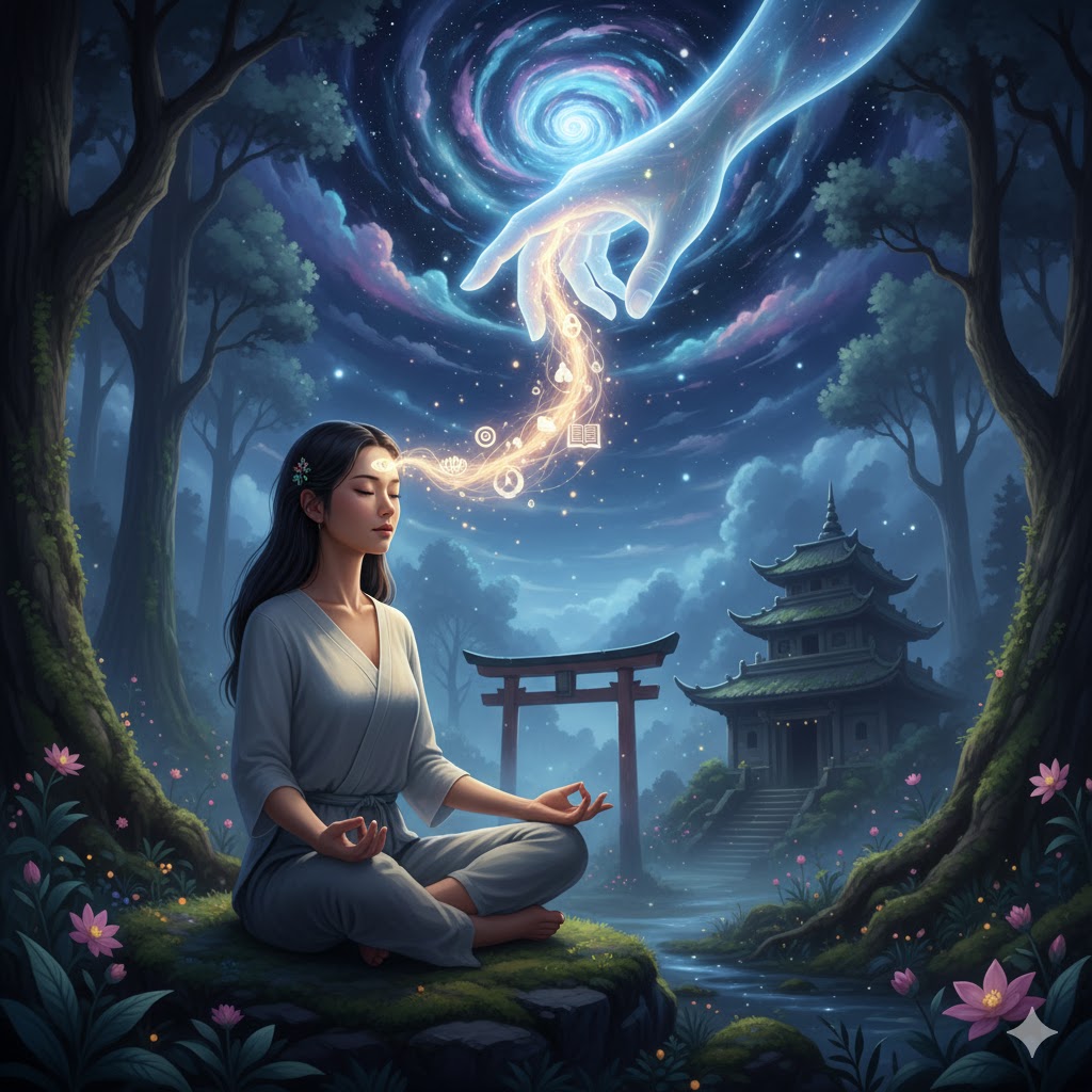 「霊感はスピリチュアルな解釈」を表現したイラスト。宇宙的な超越存在（外部）から、瞑想する女性へインスピレーションが送られる様子を描写。