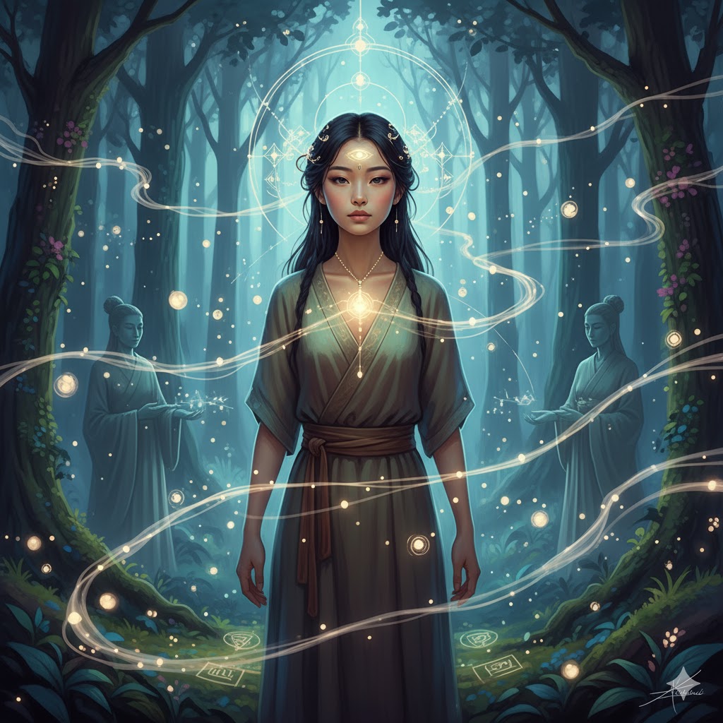 「霊感が強い人」のイメージイラスト。宇宙的な存在からスピリチュアルなインスピレーションを受け取る女性の姿。