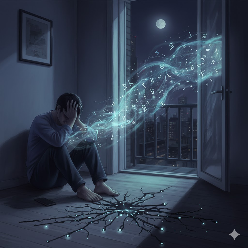 「霊感をなくしたい」という悩みを象徴するイラスト。外部からの過剰なスピリチュアルな情報に圧倒され、疲弊している人のイメージ。