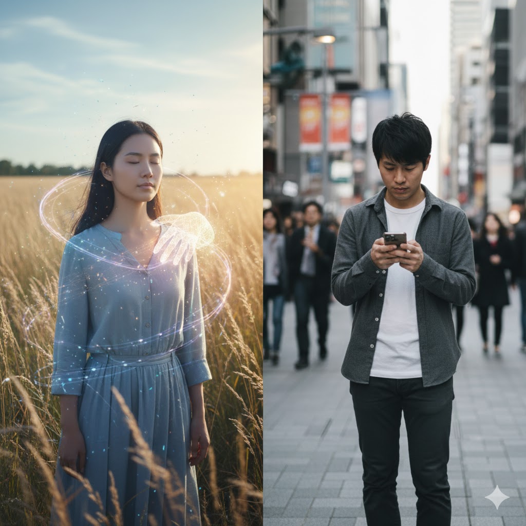 霊感ある人とない人の違いを示す対比画像。左の女性は目に見えないエネルギーを感じ、右の男性はスマホを見ている。