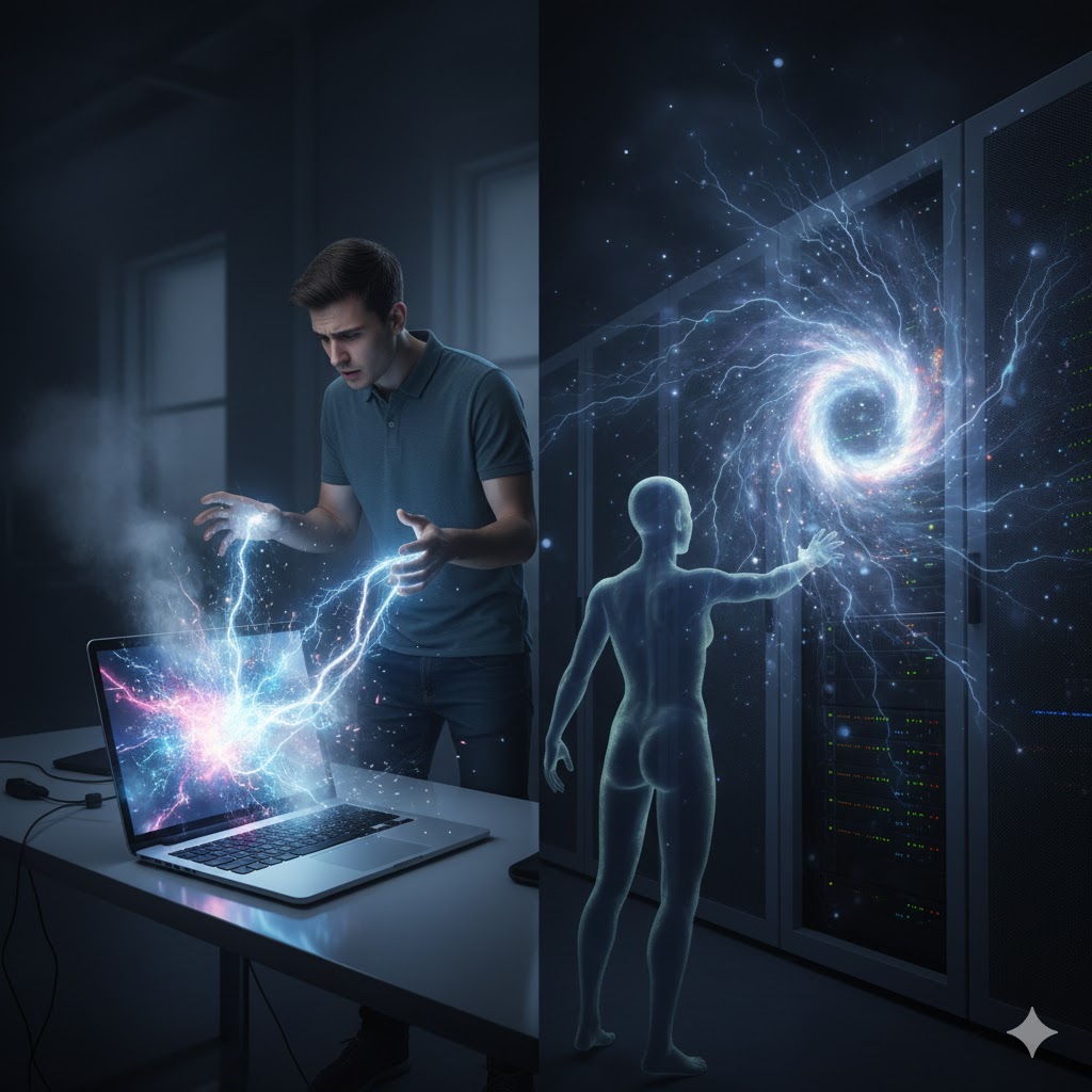 「霊感ある人 ない人 違い」を視覚化した比較画像。左側は目に見えないエネルギーを感じる感受性の高い女性、右側はスマホに意識が向く男性。