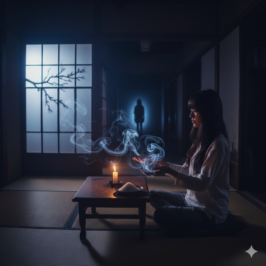 和室で女性がキャンドルと盛り塩を使って霊感テストをしており、奥には人影が見える。神秘的で不気味な雰囲気。