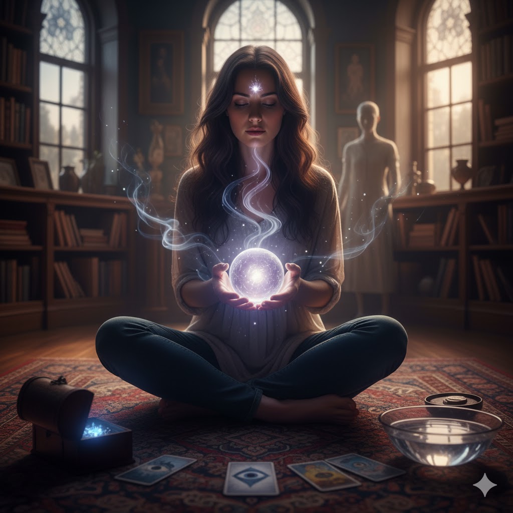 瞑想する女性がクリスタルボールを持ち、額から光が放たれている。周りにはタロットカードや水があり、霊感を診断するスピリチュアルな雰囲気。