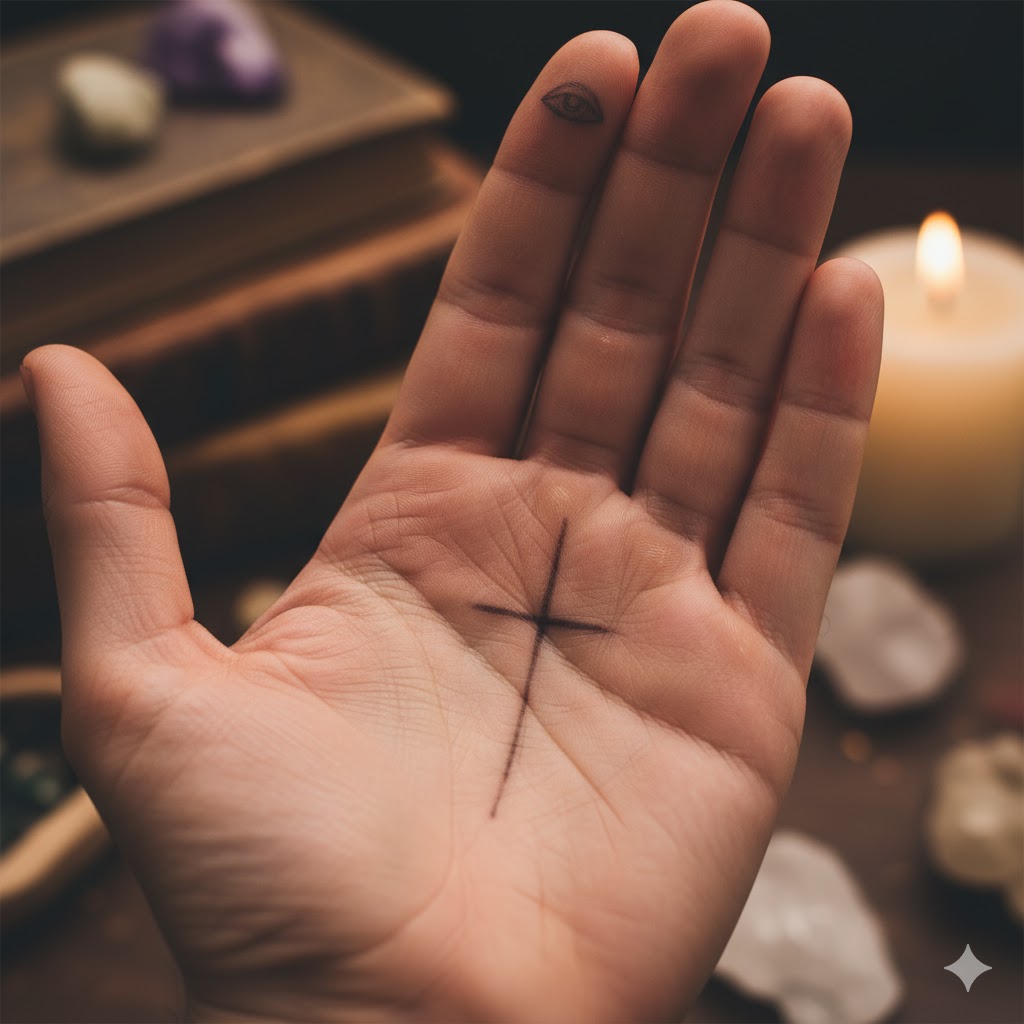 手のひらに神秘十字線が描かれ、親指には仏眼が描かれている。スピリチュアルな手相占いを暗示する画像。