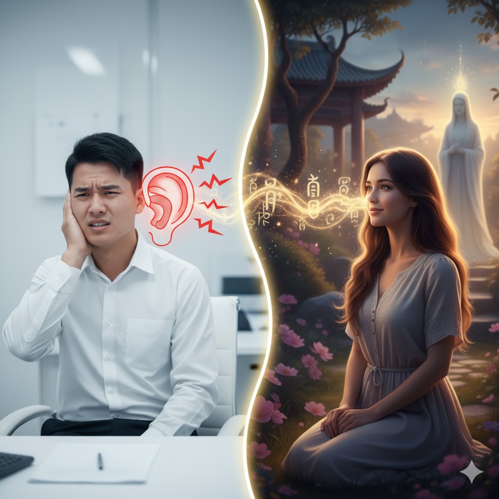 静かな部屋で耳に手を当て、耳鳴りの音を聞き分けようとする女性。霊的な金属音か医学的な症状かを区別する様子を描いた、ミステリアスな雰囲気の画像。