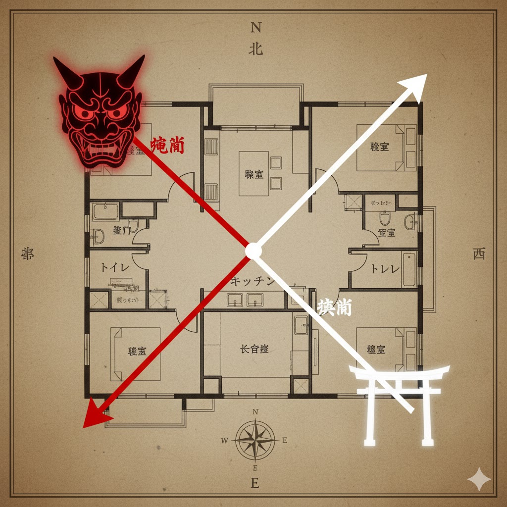 家の中心でスマートフォンの方位磁針アプリを使い、風水における鬼門(北東)と裏鬼門(南西)のラインを確認して、家の霊感テストと環境浄化を行う様子。