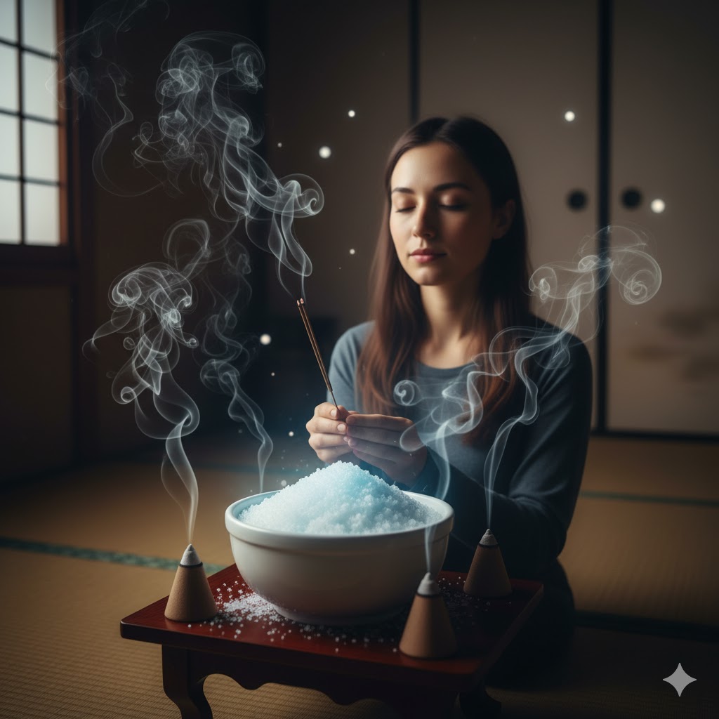 部屋の四隅に盛り塩とお香を配置し、煙で結界を張って強力な空間浄化を行う様子。家の霊感テストで気になった場所の邪気を払い、運気をリセットする風水的な儀式。