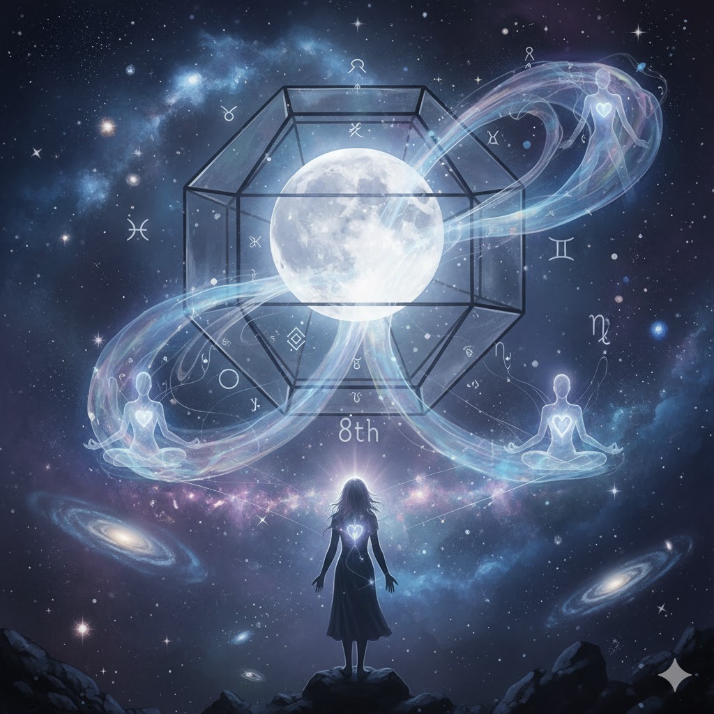 占星術の8ハウスに位置する月が放つ霊感と直感力を象徴する画像。夜空と宇宙を背景に、月と8ハウスのマーク、そして瞑想する人影が描かれ、深層心理やスピリチュアルな繋がりを暗示しています。