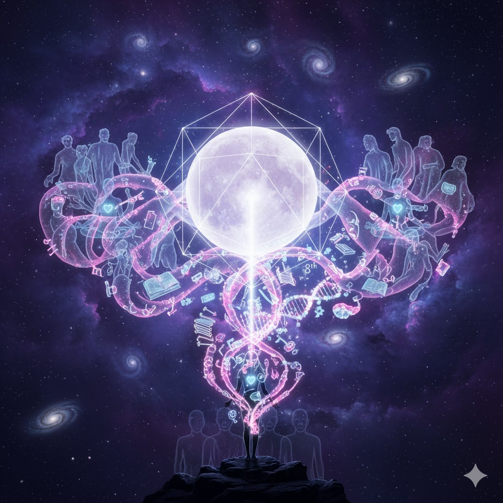 月と8ハウスが象徴する「無意識の継承」を描いた神秘的な画像。夜空に輝く月を中心に、過去の世代から現代へと受け継がれるDNAや知識、感情の繋がりが視覚的に表現されており、深い精神的な繋がりを感じさせます。