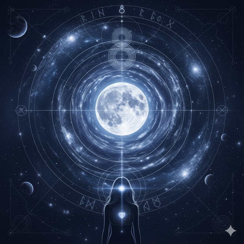 8ハウス月が象徴する「強い直感力」を表現した画像。中心には輝く月があり、それを取り巻くように渦巻く宇宙と幾何学模様が配置されています。下部には光る額を持つ人物が描かれ、深い洞察力と精神的な繋がりを強調しています。