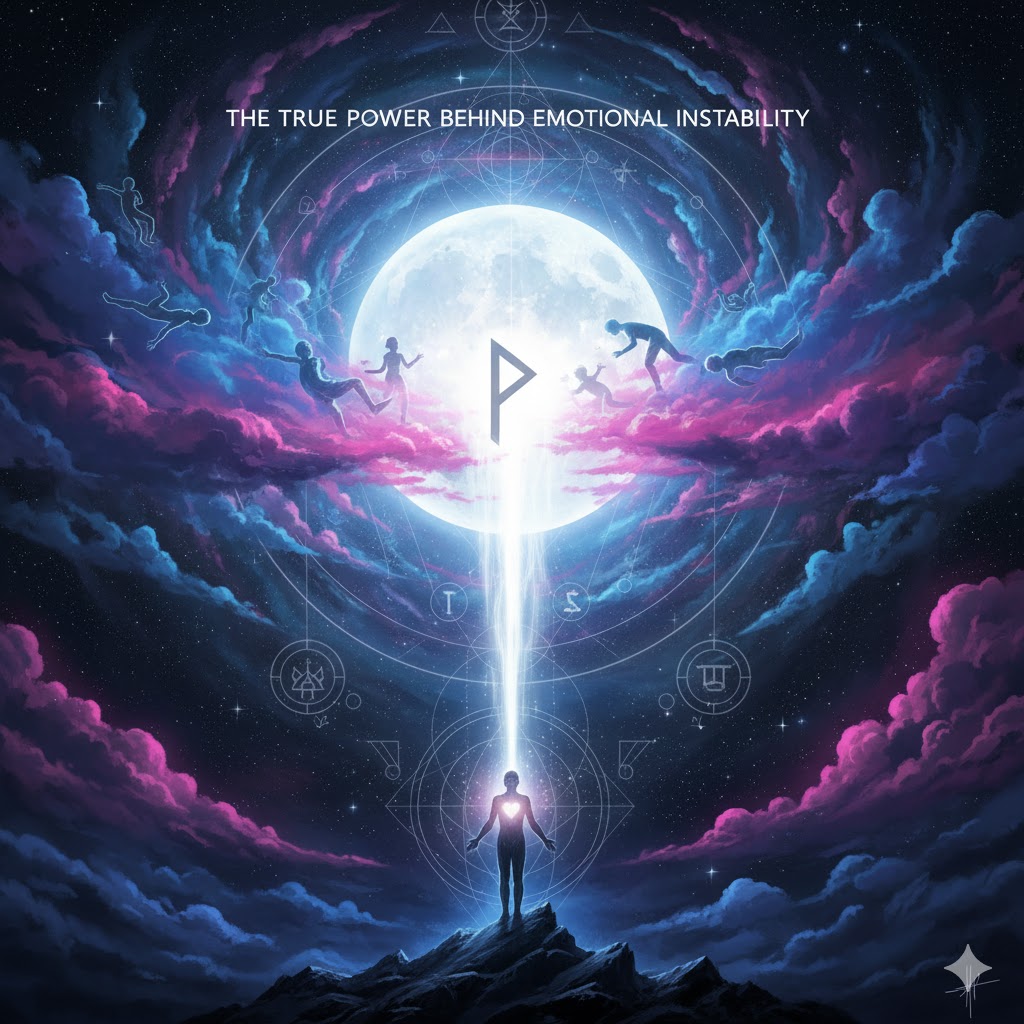 8ハウス月の感情の不安定さが秘める真の力を表現した画像。激しい波が光るエネルギーへと昇華し、魂の深い変容と強さを象徴しています。