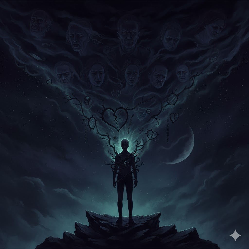 8ハウス月が示す負の感情的継承を象徴する画像。暗い影や過去の繋がりが月明かりによって浄化され、魂が解放と再生へと向かう様子を神秘的に表現しています。