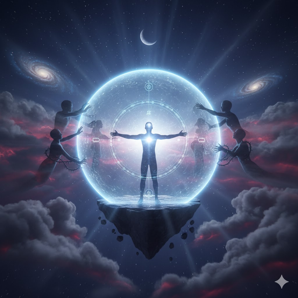 8ハウス月が感情的な境界線を確立し、光のシールドでエネルギーを守る様子を描いた画像。他者からの影響を防ぎ、精神的な自立と内面の平和を象徴しています。