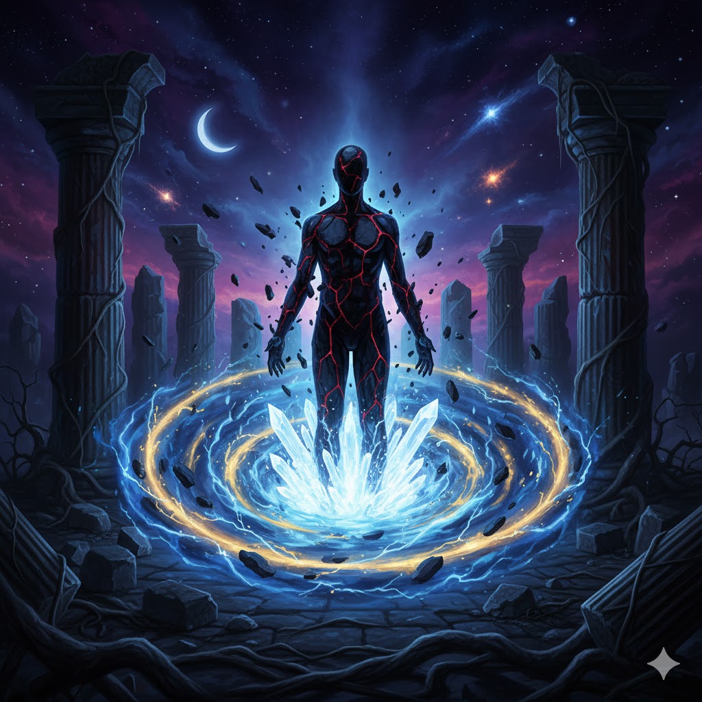 8ハウス月がもたらす強制的な再生と変容を象徴する画像。破壊を経てフェニックスのように蘇る魂の輝きを、神秘的な宇宙の光と影で表現しています。