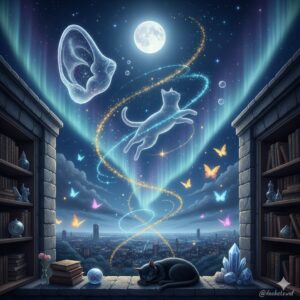 月夜の窓辺で眠る黒猫と、オーロラが輝く夜空に浮かぶ光る猫の魂と耳。都市の光が広がり、本やクリスタルが並ぶ神秘的な情景。