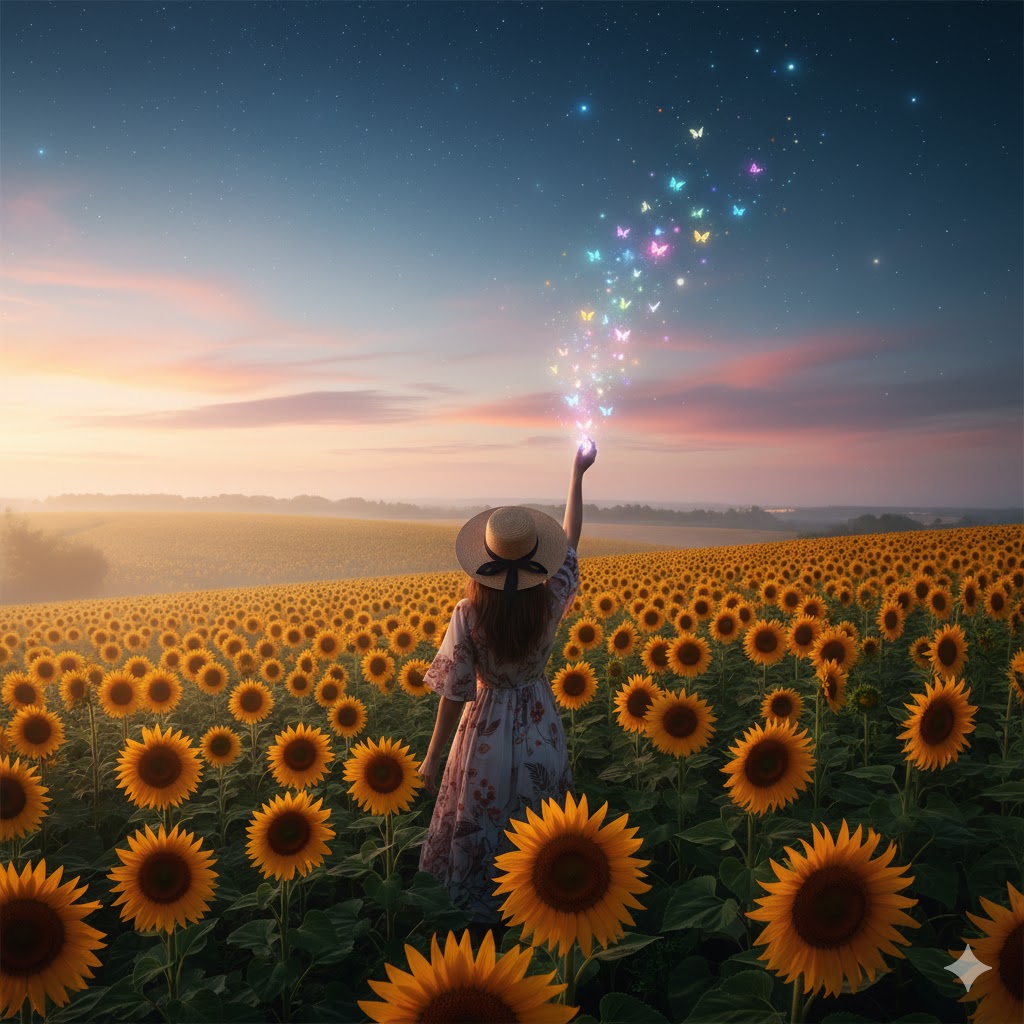 広大なひまわり畑の真ん中で、麦わら帽子をかぶった女性が夕暮れの空に手を伸ばす。手から放たれた色とりどりの蝶が、自由と希望を象徴する幻想的な風景。