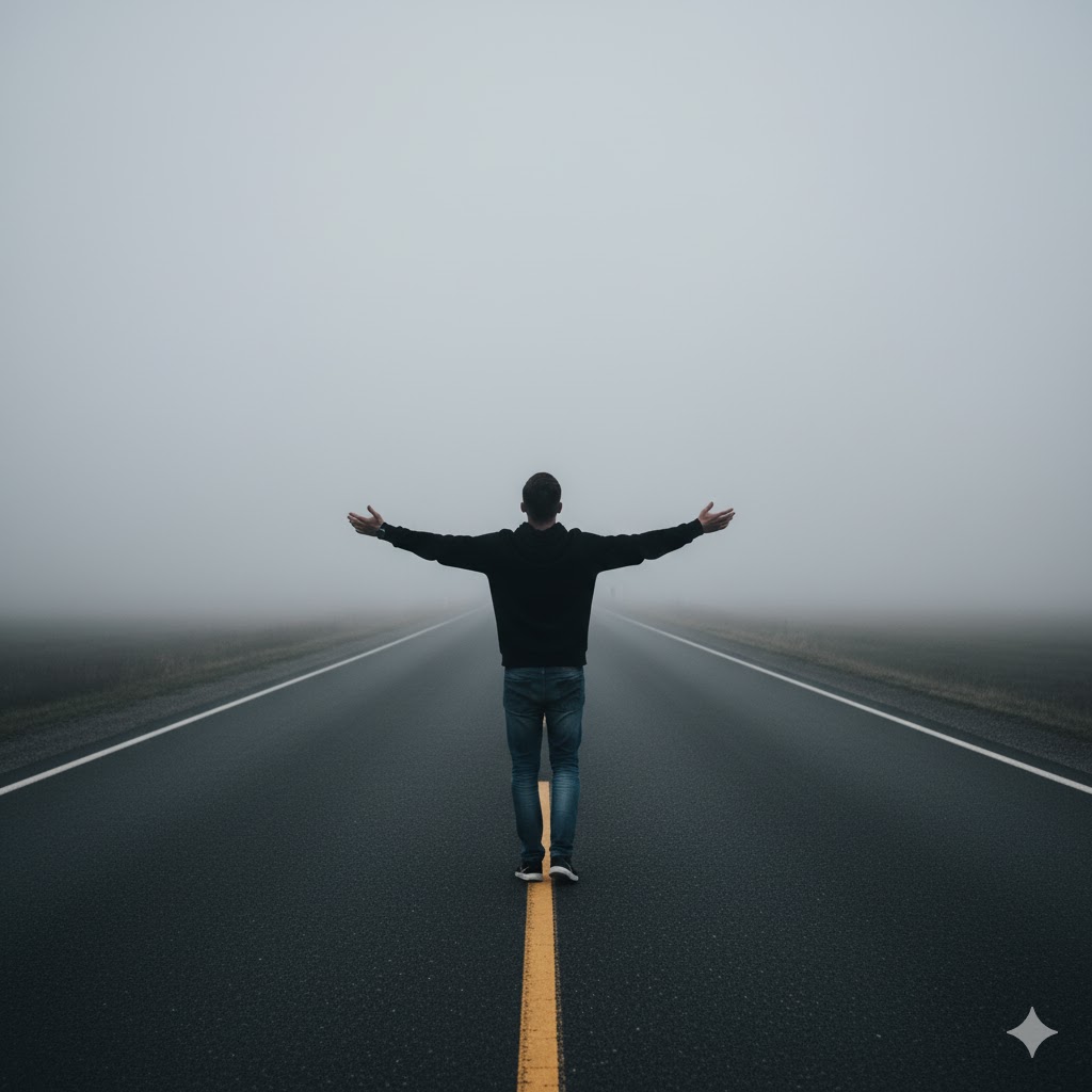 霧深い一本道の中央に立ち、両腕を広げて空を見上げる男性。周囲に誰もいない広大な風景が、孤独と個の自由を象徴する。