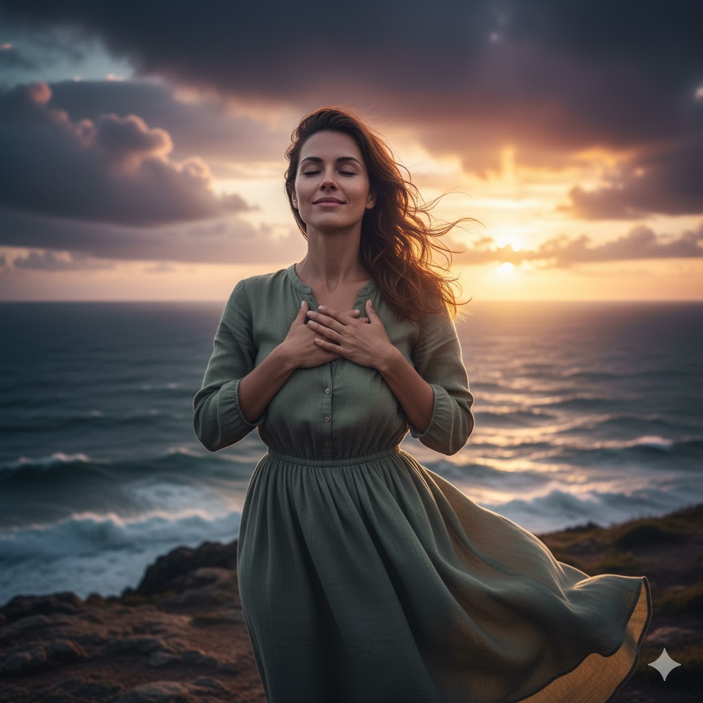 夕焼けの海を背景に、目を閉じて胸に手を当てる女性。風になびく髪とドレスが、内なる平和と自分の気持ちに正直であることの美しさを表現する。