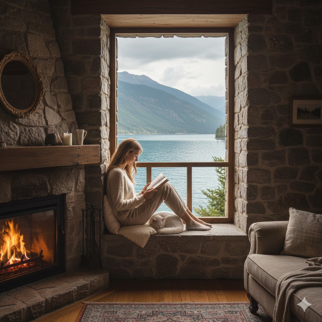 湖が見える石造りの窓辺で、本を読みながらくつろぐ女性。足元には白い猫が寄り添い、暖炉の火が温かい光を放つ、静かで満たされたひとりの時間。