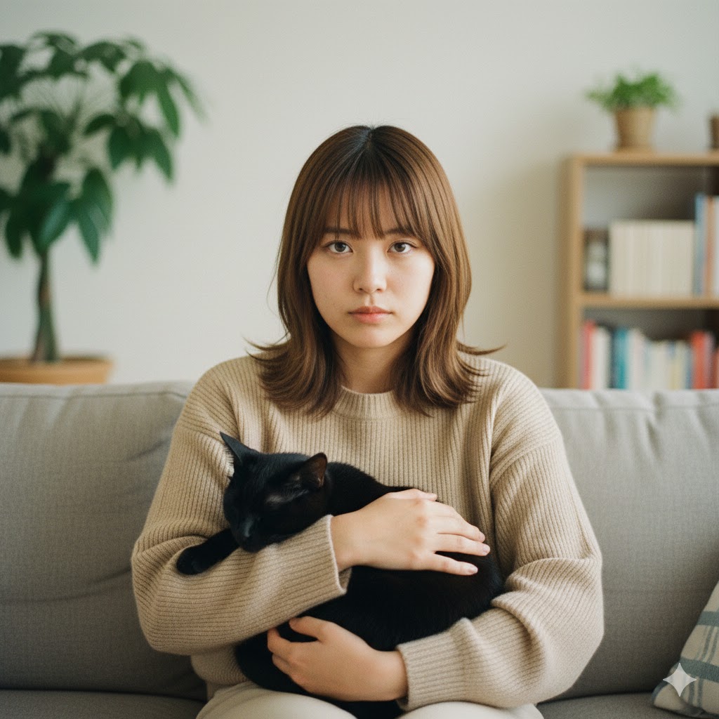 明るいリビングのソファで、ベージュのニットを着た女性が黒猫を抱きしめている。女性はカメラをじっと見つめ、猫は安らかに眠る「猫系女子」のポートレート。