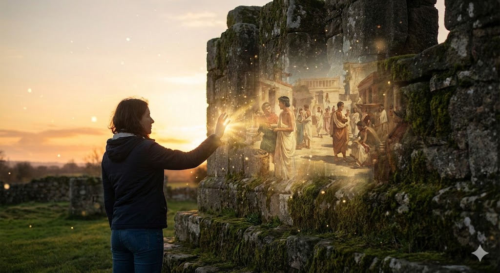 夕暮れの遺跡で女性が過去の記憶に触れる様子。石垣から古代の人々の生活が光のビジョンとして浮かび上がり、前世との繋がりを感じさせる神秘的な光景。