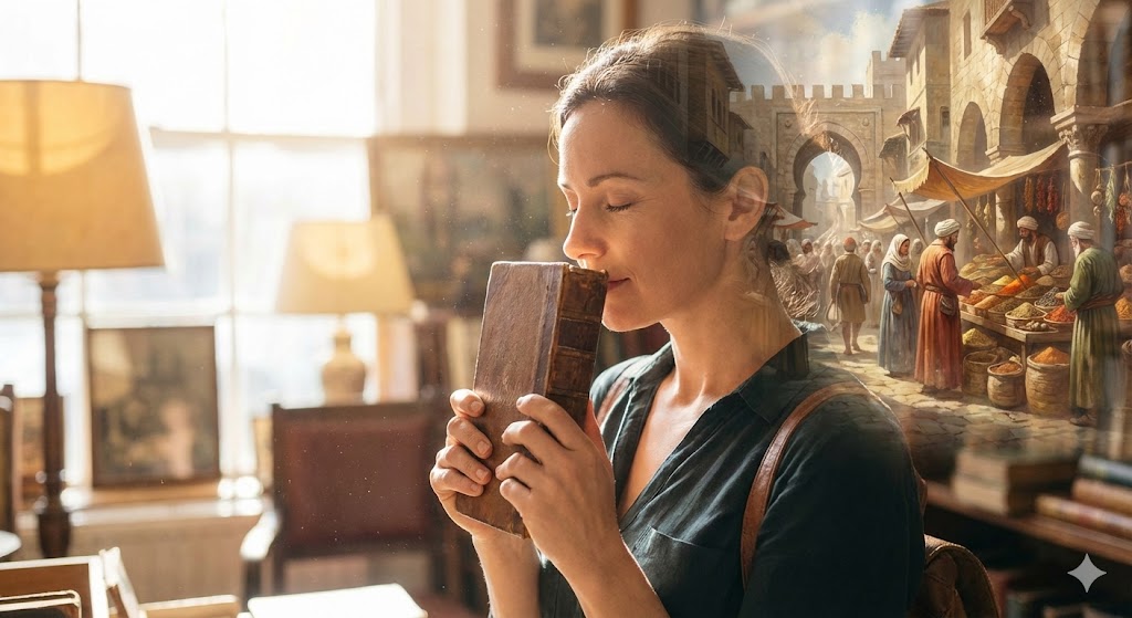 花の香りを嗅いだ瞬間に過去の記憶が蘇るプルースト効果のイメージ。前世の風景がフラッシュバックし、懐かしい感覚に包まれる様子を描写。