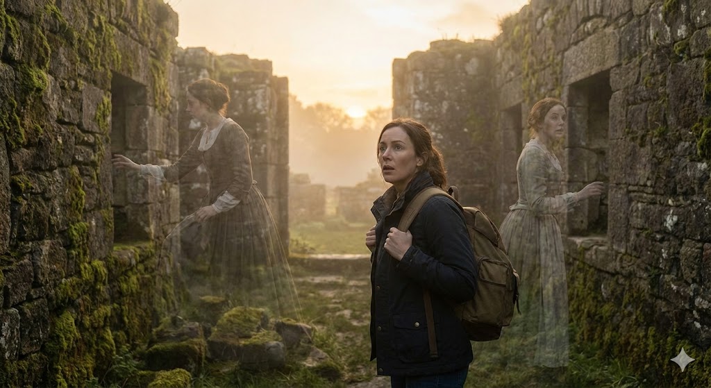 初めて訪れた場所で強い既視感を感じるデジャブのイメージ。前世の記憶と現在の風景が重なり、懐かしさが込み上げる不思議な瞬間を描写。