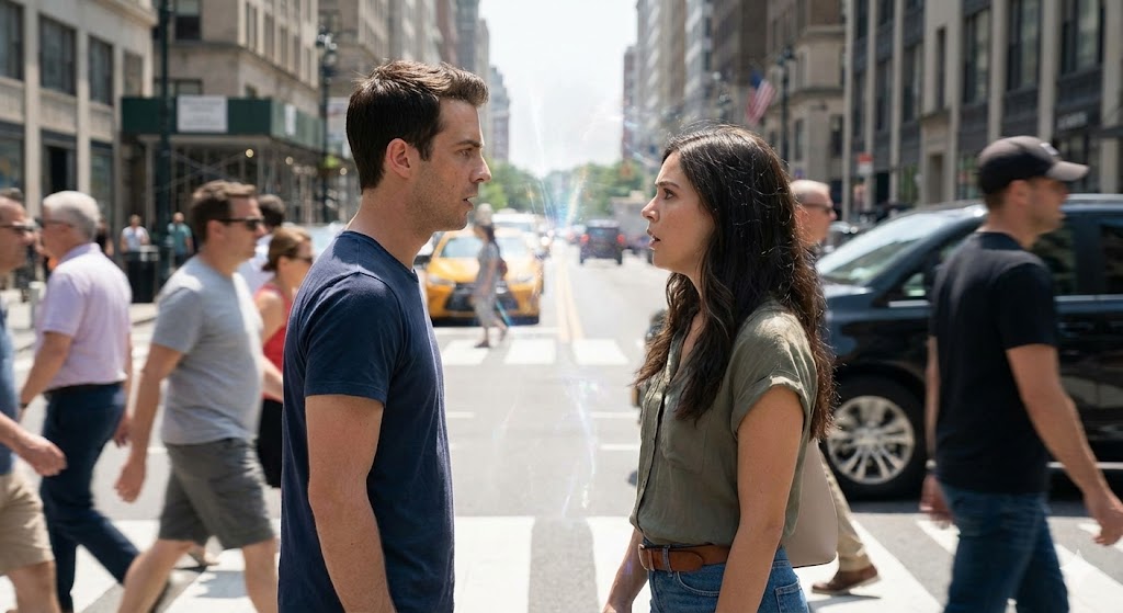 ツインレイや運命の人と出会った瞬間に走る衝撃と前世記憶のフラッシュバック。魂が共鳴し合い、懐かしさと共に過去が蘇る神秘的な再会のイメージ。