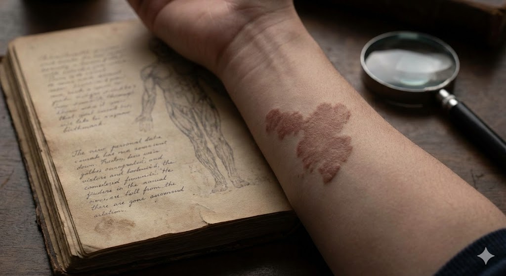 生まれつきの痣や身体的特徴が前世の記憶の証拠であることを示すイメージ。過去世の傷跡と現世の母斑がリンクする神秘的な繋がりを表現。