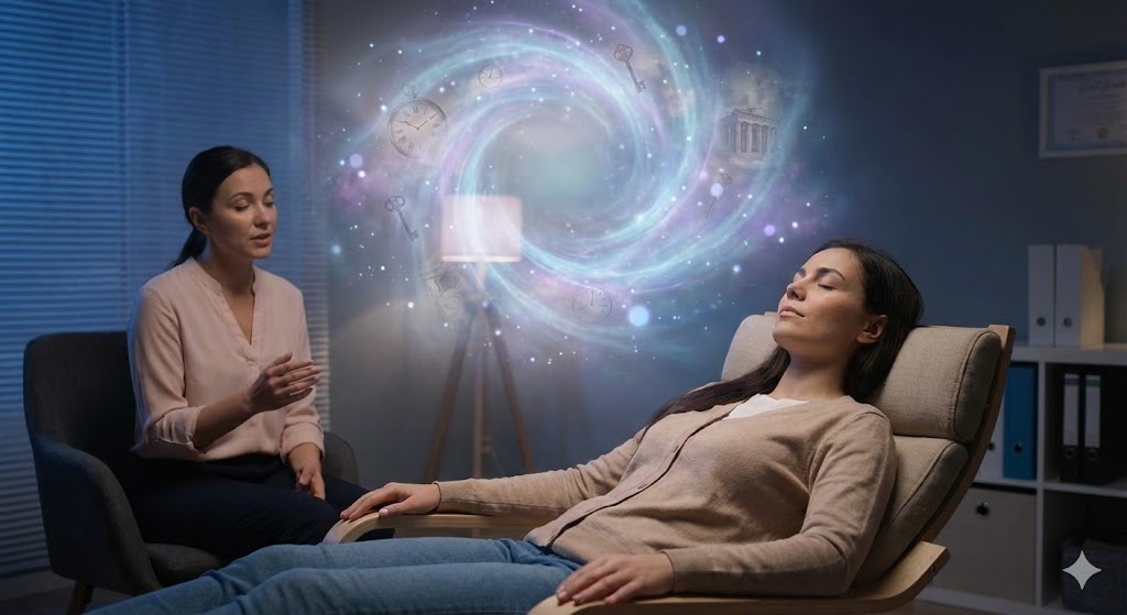 退行催眠で潜在意識の奥深くに触れ、前世の記憶を鮮明に思い出すイメージ。光の中に浮かぶ過去の情景が、催眠療法による深い意識状態へのアクセスを表現。