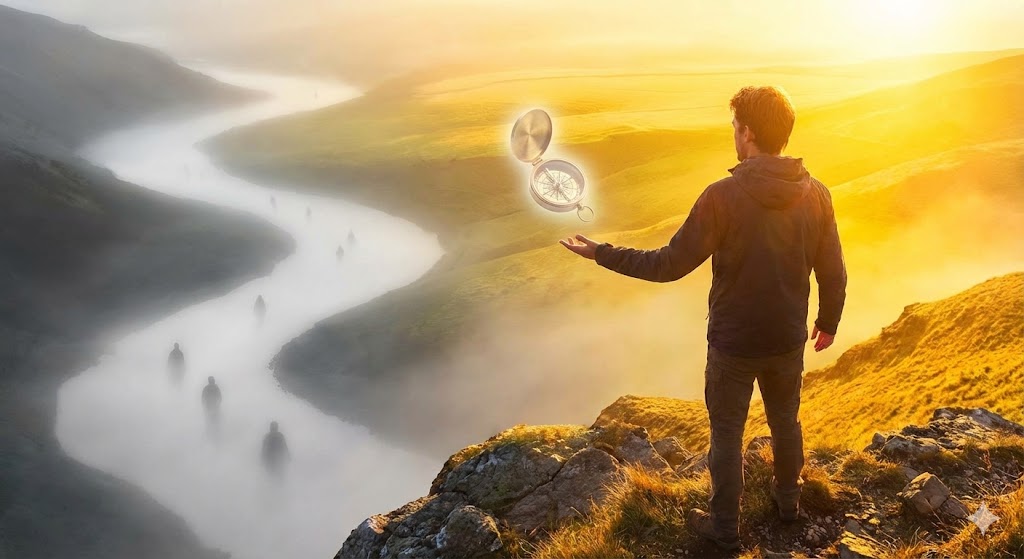 前世の記憶や幻影から離れ、現実の明るい風景を見つめてしっかりと立つ女性。過去に囚われず今この瞬間を大切に生きるグラウンディングのイメージ。