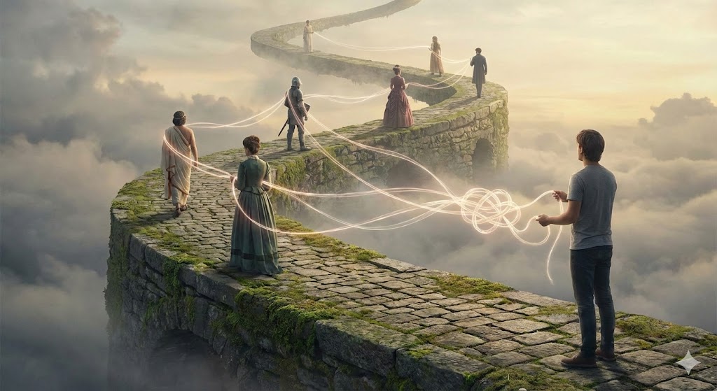 前世からの因業と魂のつながりを示す画像。雲海に続く石畳の道で、過去世の姿と現世の自分が光の線で結ばれ、解くべきカルマの結び目を表現。