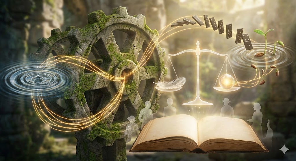 因業の意味である因果応報の法則を象徴するイメージ。過去の行いが種となり現在の運命として実を結ぶ、仏教的な原因と結果のメカニズムを表現。