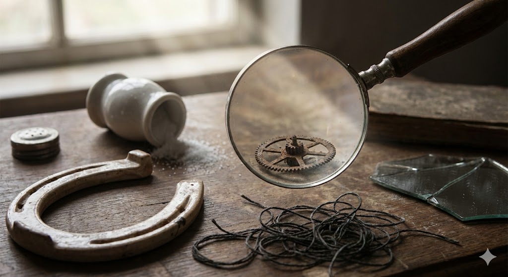 不運の原因を探るイメージ画像。古い虫眼鏡で錆びた歯車を覗き、割れた鏡や絡まった糸、倒れた塩壺といった不吉なシンボルを詳細に検証している様子。