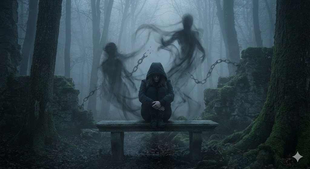 因業が怖いと感じる心理を象徴する画像。暗い霧の中で見えない鎖に縛られた人物を描き、過去のカルマに対する根源的な不安と恐れを表現。