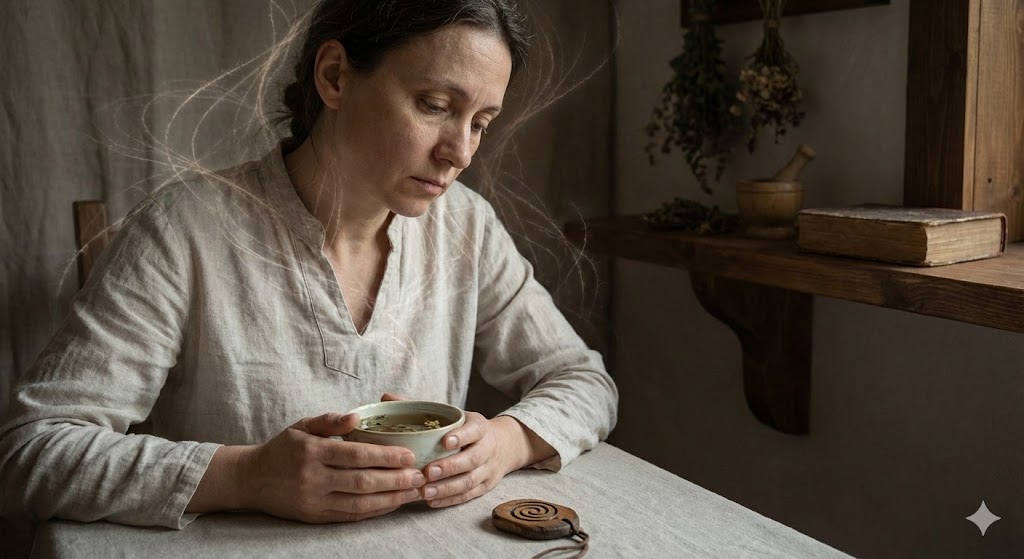 因業が引き起こす原因不明の病気や体調不良のサインを示すイメージ。カルマのエネルギーが身体の不調として現れるスピリチュアルな因果関係を象徴的に表現。